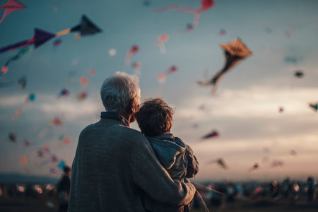Grandfather hugging grandson watching colorful kites flying during makar sankranti festivalの素材