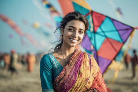 Young woman in sari smiling with kites flying during makar sankranti celebrationの素材