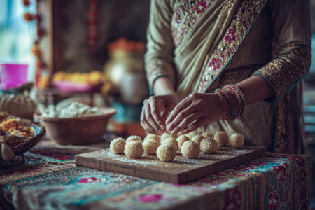 Indian woman hands forming traditional sweet sesame balls on a patterned tableclothの素材