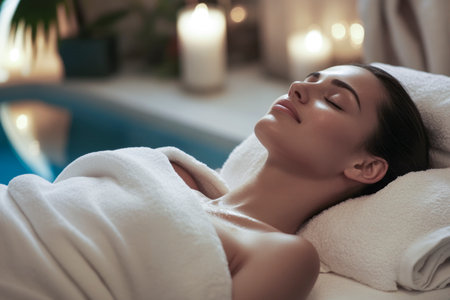 Woman lying with eyes closed, experiencing a facial and wellness treatmentの素材