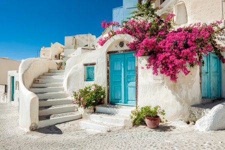 Traditional whitewashed houses with blue doors and blooming bougainvillea adorn the picturesque streets of Oia, Santorini, Greece, creating a charming Mediterranean sceneの素材