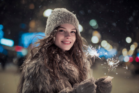 Young woman wearing a hat and coat holding sparklers outdoors during a snowy holiday nightの素材