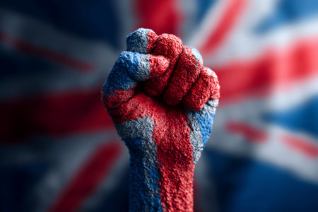 Human fist painted with the union jack flag raised in front of a blurred flagの素材