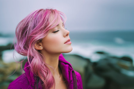 Woman standing in profile on a beach with eyes closed, finding peace and tranquilityの素材