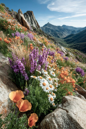 Wildflowers covering a mountain hillside with a valley and peaks in the backgroundの素材