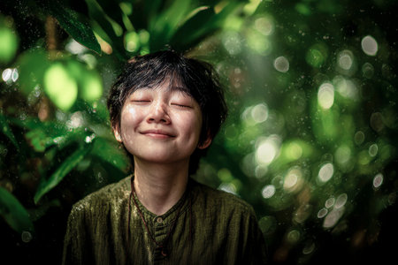 Young person smiling with closed eyes, feeling natural rain in lush green foliageの素材
