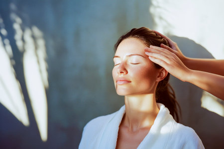 Woman receiving head massage at spa for relaxation with eyes closedの素材