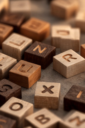 Wooden blocks with engraved letters creating an educational background for language developmentの素材