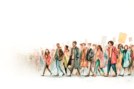 Crowd of people marching together for social change and activism in watercolor illustrationの素材