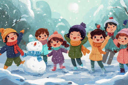 Kids celebrating winter outdoor activity, enjoying snowfall and friendshipの素材