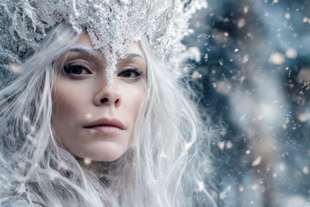 Winter queen with a white ice crown and makeup posing in falling snowの素材