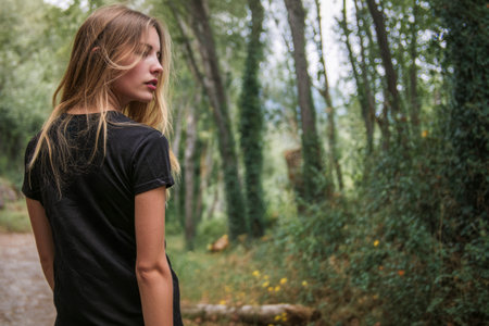 Young woman walking through a forest, looking back thoughtfully along a natural pathの素材