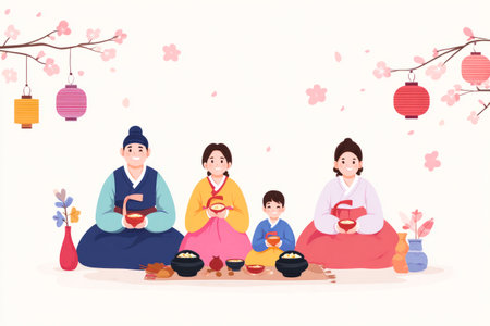 Korean extended family in traditional hanbok dresses, sitting, eating and celebrating chuseokの素材