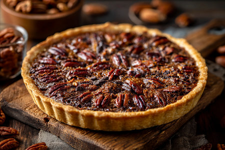 Homemade pecan pie featuring a rich filling and whole pecans, ready for dessertの素材
