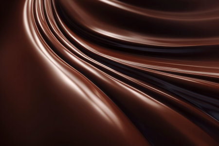 Melted dark chocolate flowing in smooth luxurious waves, creating a delicious abstract backgroundの素材