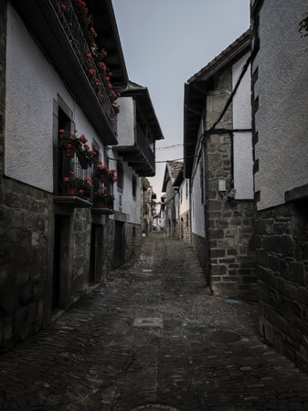 Narrow cobbled street winding through old european village architecture