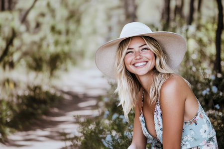 Young blonde woman smiling while enjoying summer nature in a floral dressの素材