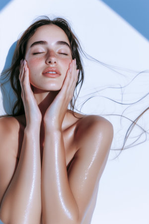 Woman touching her face, feeling fresh and clean with natural and glowing skinの素材