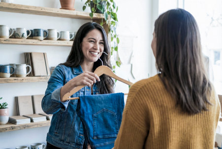 Smiling woman assistant offering jeans to a customer in her small business clothing storeの写真素材
