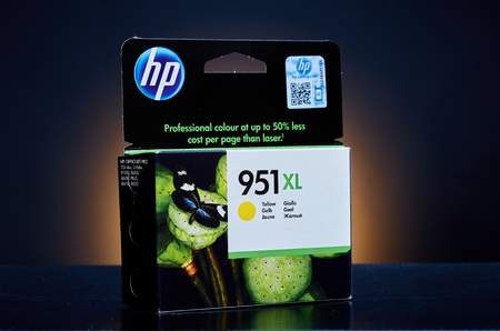 Umag, Croatia - 28 October 2015: Packet of Hewlett Packard 951XL Yellow ink for a ink jet printerのeditorial素材