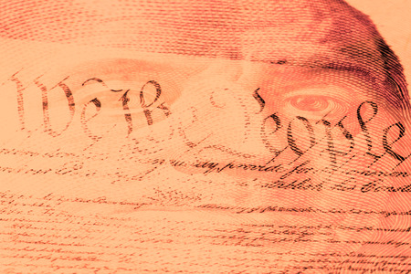 Double exposure US constitution We the People and one hundred dollar billの写真素材