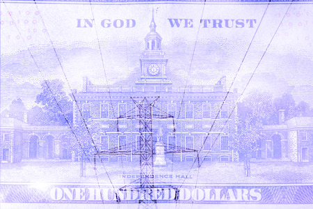 Double exposure high voltage power lines with American currency background - Expense and savings conceptの写真素材