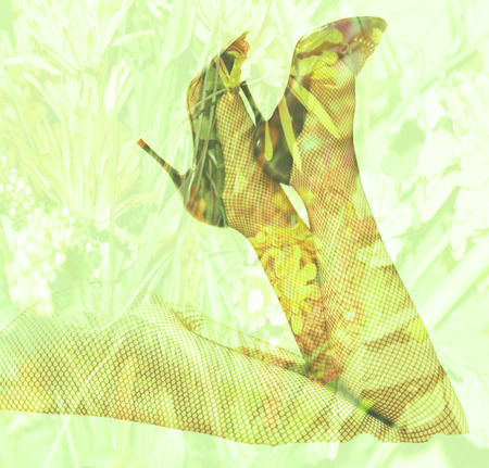 Double exposure female legs and high heels with flower background - Fashion and romance conceptの写真素材