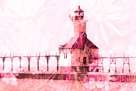 Double exposure St. Joseph north pier lighthouse along shoreline of Lake Michiganの写真素材