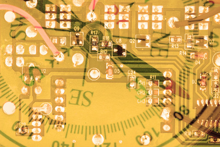 Double exposure circuit board with directional compass - Technology concept