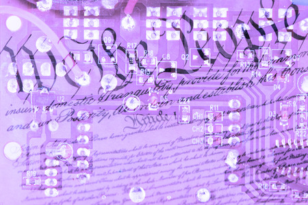 Double exposure circuit board with US constitution background - American technology concept
