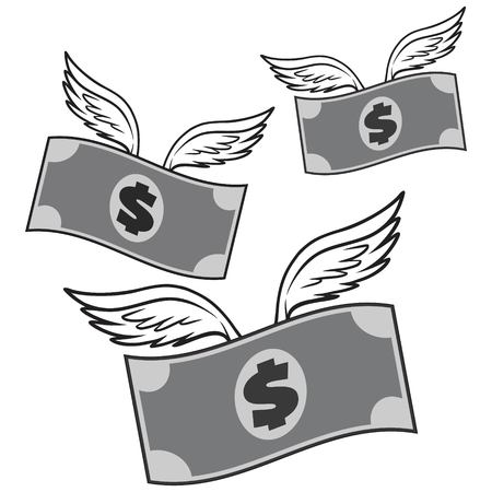 Black And White Flying Money - A vector cartoon illustration of a Flying Money concept.のイラスト素材