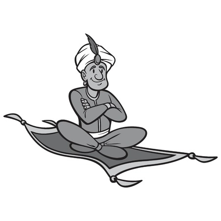 Black And White Magic Carpet Ride - A vector cartoon illustration of a man riding a Magic Carpet.のイラスト素材