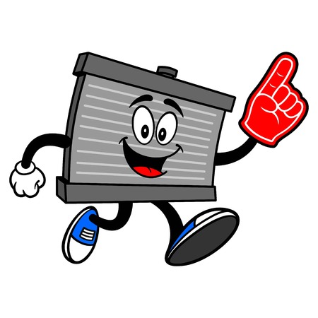 Radiator Mascot running with a Foam Finger - A vector cartoon illustration of a motor radiator mascot running with a Foam Hand.のイラスト素材