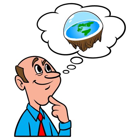 Thinking about Flat Earth Theory - A cartoon illustration of a man thinking about Flat Earth Theory.のイラスト素材