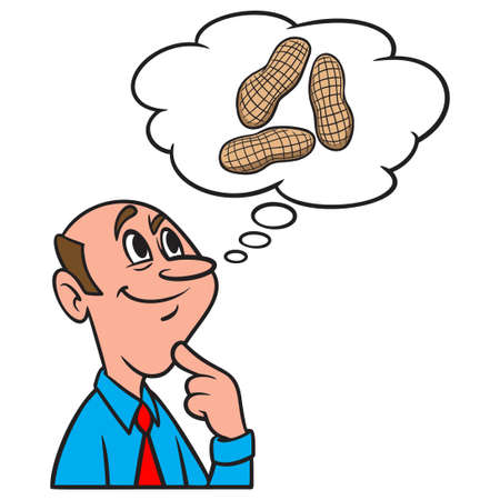 Thinking about Peanuts - A cartoon illustration of a man thinking about eating Peanuts.