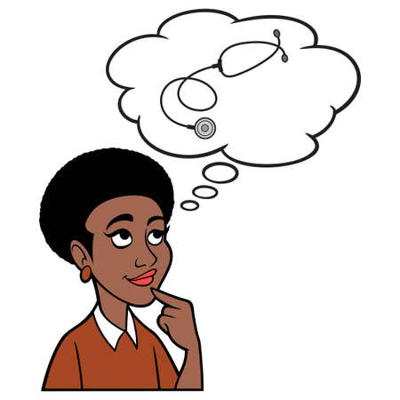Woman thinking about a Doctors Stethoscope - A cartoon illustration of a woman thinking about a Doctors Stethoscope.のイラスト素材