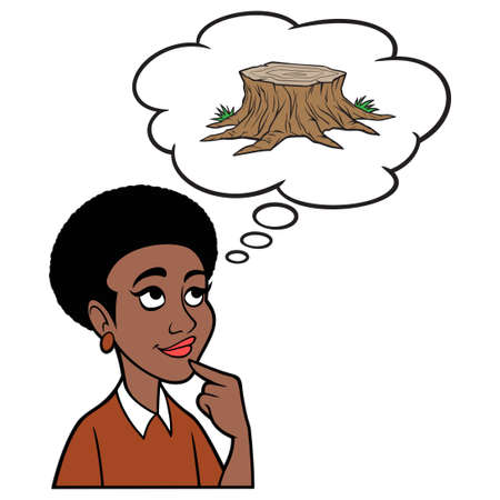 Black Woman thinking about Tree Stump Removal - A cartoon illustration of a Black Woman thinking about finding a Tree Stump Removal service.のイラスト素材