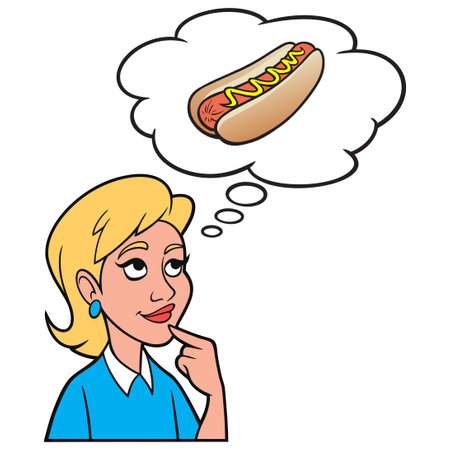 Girl thinking about a Hotdog - A cartoon illustration of a Girl thinking about a Hotdog for lunch.のイラスト素材