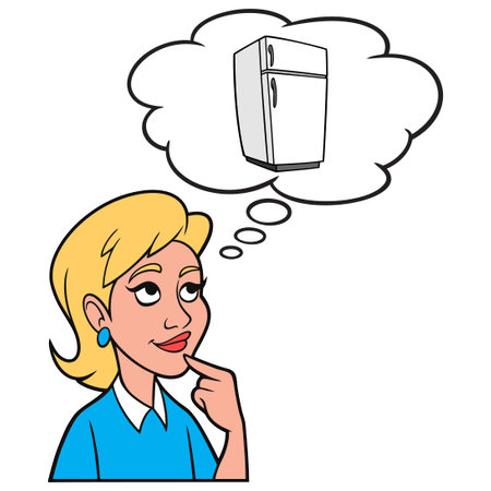 Girl thinking about a Refrigerator - A cartoon illustration of a Girl thinking about a Refrigerator.のイラスト素材