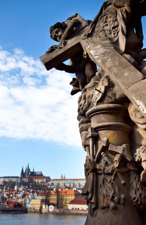 Prague old town view with sculptureの写真素材