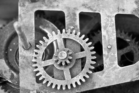 Mechanism of old clock in black and white の写真素材