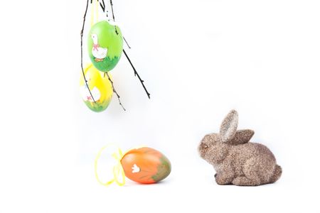easter colorful eggs on a branchの写真素材