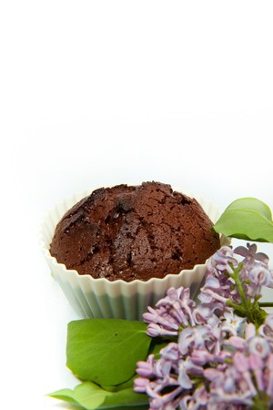 Fresh Chocolate Muffin with lilac over white background の写真素材