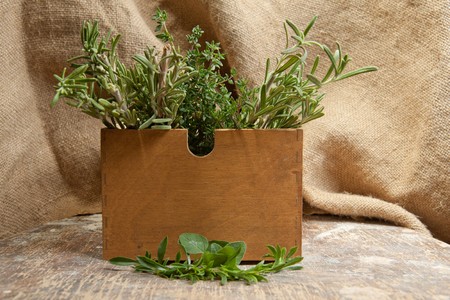 Fresh herbs on the old wooden boxの写真素材