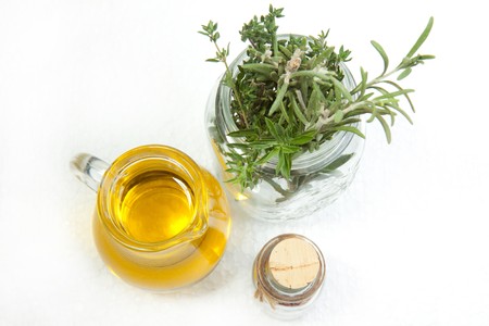 Olive oil with Provence herbの写真素材