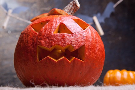 halloween pumpkin with black bats の写真素材