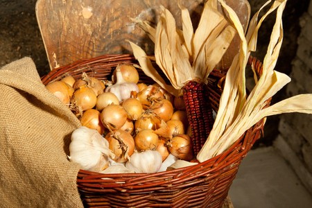 Onion's bulb in a basket の写真素材