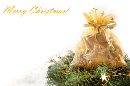 Golden christmas sack with the gifts on the white backgroundの写真素材