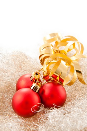 Red christmas balls and golden tapeの写真素材