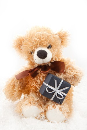 Teddy-bear with christmas gift on the white backgroundの写真素材